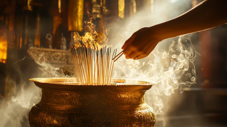 Woman's Hand Placing Incense Stick in Traditional Ritual Setting. Concept of Cultural Traditions, Spiritual Practices, Serenity, and Mindfulness. Chinese New Year.の写真素材