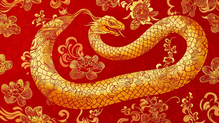 Golden Dragon in Red Chinese New Year Art with Floral Motifs. Concept of Tradition, Prosperity, Festival Celebration, Cultural Heritage.の写真素材