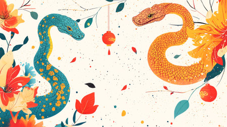 Vibrant Asian-Inspired New Year Card Design Featuring Colorful Snakes and Festive Lanterns. Concept...