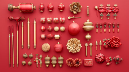 Chinese New Year Decorations in Red and Gold Featuring Lanterns, Flowers, and Ornaments. Concept of Festive Celebration, Cultural Tradition, Holiday Decor, and Vibrant Aesthetics. Background.の写真素材