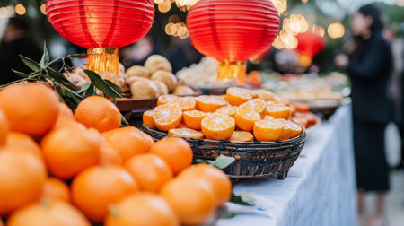 Vibrant Street Market Scene with Red Lanterns and Fresh Oranges at Vendor's Table, Celebrating Asian Culture, Colorful Decorations, and Food Festivity. Chinese New Year.の写真素材
