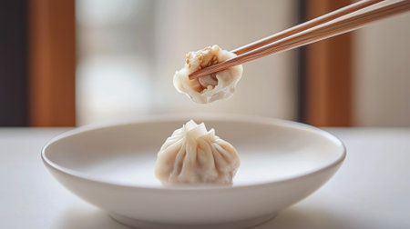 Close-Up of Chopsticks Holding a Dumpling Over a Plate. Concept of Asian Cuisine, Traditional...