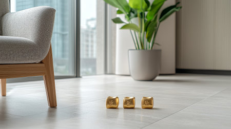 Close-Up of Small Gold Figurines in Modern Living Room with Sunlit Large Window and Indoor Plant Concept of Minimalist Decor, Contemporary Home Style, Urban Living, Serenity.の写真素材