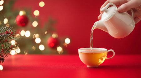 Hands Pouring Tea Into a Porcelain Cup Against a Festive Background Concept of Holiday Warmth, Cozy Moments, Celebration, and Seasonal Traditions. Chinese New Year.の写真素材