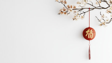 Minimalistic Decor with Golden Chinese Character on a White Wall with Cherry Blossom Branch. Concept of Simplicity, Eastern Aesthetics, Cultural Symbolism, Elegant Design. Chinese New Year. Copy space.の写真素材