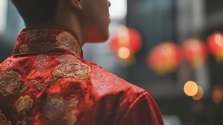 Side Profile of a Man in Traditional Hanfu with Soft Focus. Concept of Cultural Heritage, Traditional Attire, Chinese Fashion. Chinese New Year.の写真素材