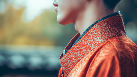 Side Profile of a Man in Traditional Hanfu Capturing Cultural Elegance and Heritage Artistry in Soft Focus. Chinese New Year. Copy space.の写真素材