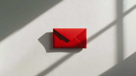 Single Red Envelope Casts Shadows on White Wall Concept of Minimalism, Clean Design, Simplicity, and...