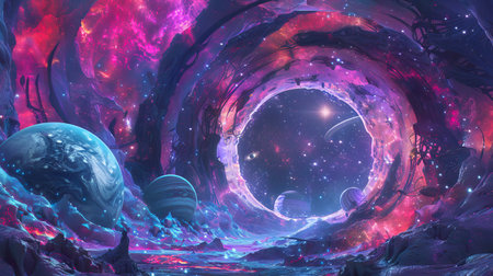 Cosmic portal surrounded by vibrant planets, glowing nebulae, and distant stars in a surreal space...