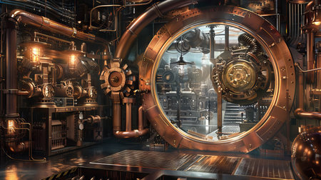 Futuristic Steampunk Art Featuring an Intricate Brass Portal and Industrial Machinery. Concept of Science Fiction, Retro Technology, Engineering Innovation, and Mechanical Design.の写真素材
