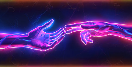 Neon Illustration of Two Hands Reaching Out and Touching, Concept of Connection Intimacy, and Human...