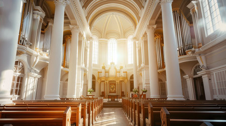 Sunlit Church Interior with Majestic Pipe Organ and Elegant Columns Creating a Tranquil Atmosphere. Concept of Sacred Architecture, Worship, Spiritual Serenity, and Historical Heritage.の写真素材