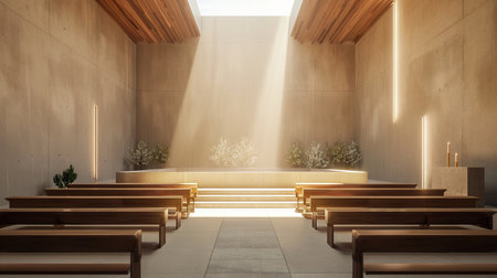 Modern Church Interior with Elegant Altar Design and Natural Lighting. Concept of Contemporary Worship Spaces, Serene Ambience, Spiritual Reflection, Architectural Innovation.の写真素材