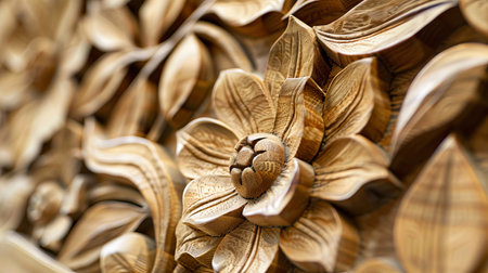 Close-Up of Intricately Carved Wooden Floral Design Showcasing Artisan Craftsmanship and Detailed Patterns in Natural Wood. Concept of nature art, and traditional wood carving.の写真素材