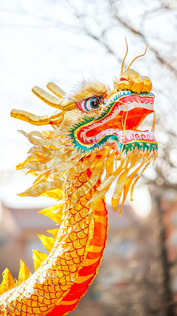 Vibrant Dragon Dance Celebration during Chinese New Year Festival. Concept of cultural heritage, traditional festivity, artistic expression, and community spirit.. Vertical.の写真素材