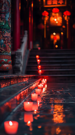 Candlelit Steps Leading to a Pagoda During Chinese New Year Celebration. Concept of Cultural...