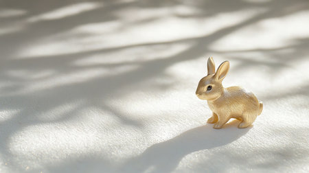 Golden Rabbit Figurine on White Surface with Soft Shadows: Concept of Tranquility Elegant Decor Minimalist Design and Peaceful Atmosphere. Copy space.の写真素材