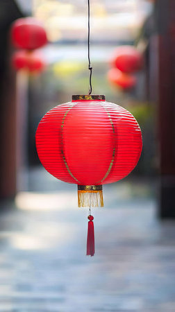 Close-Up of Red Chinese Lantern Symbolizing Chinese New Year Celebrations and Cultural Traditions. Vertical.の写真素材