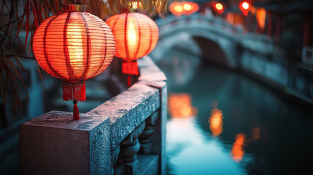 Traditional Chinese Lanterns Illuminating a Stone Bridge by a Tranquil Canal. Concept of Cultural Heritage, Festive Atmosphere, Nighttime Serenity, and Romantic Evening Light. Chinese New Year.の写真素材