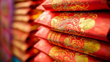Close Up of Red Envelopes Stacked for Chinese New Year Celebration Concept of Tradition Wealth Prosperity and Cultural Festivities.の写真素材