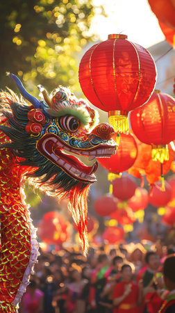 Festive Chinese New Year Celebration with Dragon Dance and Red Lanterns in a Bustling Street....