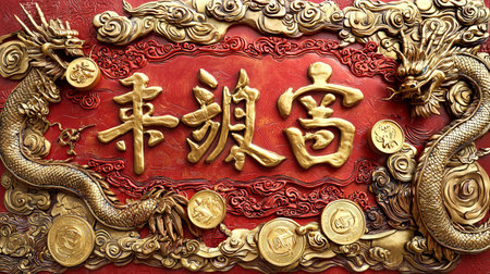 Luxurious Red Banner with Golden Dragons and Chinese Characters, Celebrating Chinese New Year and Prosperity. Chinese New Year.の写真素材