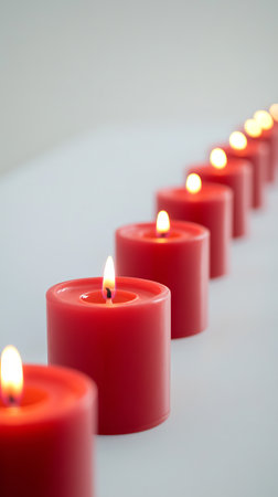 Red Candles Glowing in a Row on a White Surface Concept of Serenity, Festiveness, Peaceful Ambiance, and Spiritual Warmth. Vertical.の写真素材