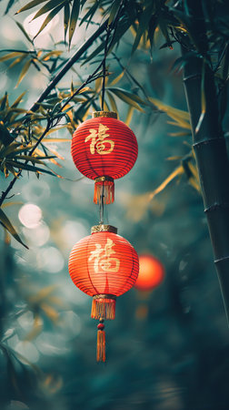 Vibrant Red Chinese Lanterns Hanging Amidst Bamboo Foliage. Concept of Chinese New Year, Cultural Decorations, Festive Spirit, Traditional Celebrations. Vertical.の写真素材