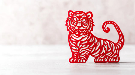 Chinese New Year Paper Cutout of a Red Tiger on White Background. Concept of Lunar New Year Celebrations, Traditional Art, Festive Decor, and Cultural Symbolism. Copy space.の写真素材