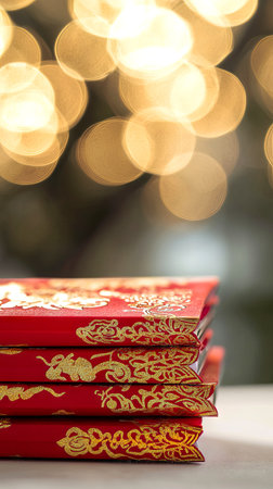 Chinese New Year Stack of Red Envelopes Glittering with Golden Patterns Concept of Tradition, Prosperity, Gift-Giving, and Cultural Celebration. Vertical. Copy space.の写真素材