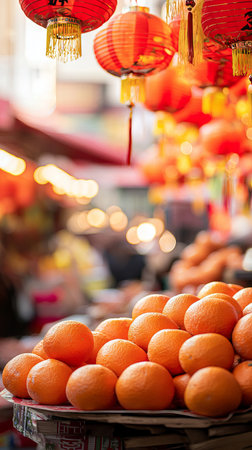 Vibrant Chinese New Year Market Scene with Red Lanterns and Fresh Oranges. Vertical.の写真素材