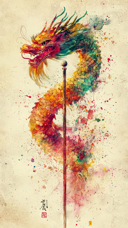 Vibrant Chinese Dragon Illustration in Watercolor Art. Concept of Cultural Heritage, Mythical Creatures, Traditional Symbolism, and Asian Artistry. Chinese New Year. Vertical.の写真素材