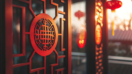 Chinese New Year Red Paper Cutouts at Sunset Symbolizing Tradition, Culture, and Artistic Craftsmanship.の写真素材