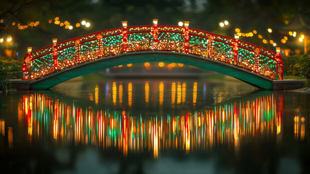 Traditional Chinese Bridge Adorned with Festive Decorations Reflected on a Tranquil Pond, Concept of Cultural Celebration, Festive Lights, Tranquility, and Reflections.の写真素材