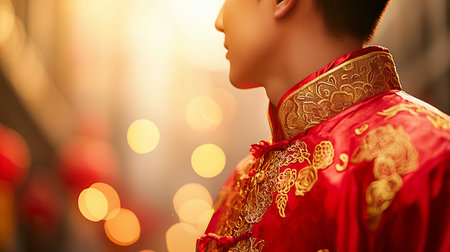 Side Profile of Asian Man in Traditional Attire Celebrating Chinese New Year. Concept of Cultural Heritage, Festive Celebration, Tradition, and Ethnic Pride. Copy space.の写真素材