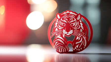 Intricate Red Paper Cutout of a Tiger on Chinese New Year Symbolizing Strength Tradition and Cultural Celebration. Copy space.の写真素材