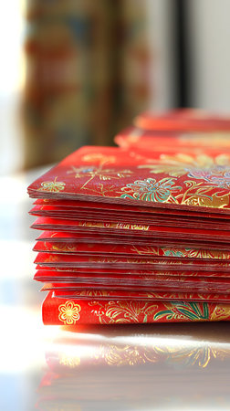 Stack of Traditional Red Envelopes with Gold Patterns Celebrating Chinese New Year. Concept of Prosperity, Festivity, Cultural Tradition, and Lunar Holiday Celebrations. Vertical.の写真素材