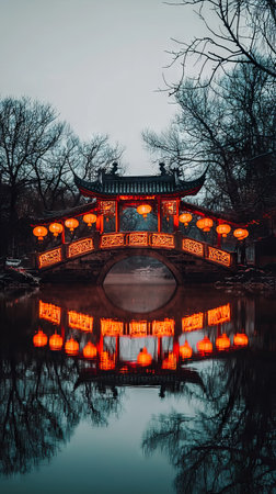 Traditional Chinese Bridge Illuminated with Lanterns on a Tranquil Evening. Concept of Cultural Heritage, Festive Atmosphere, Tranquility, and Traditional Architecture. Chinese New Year. Vertical.の写真素材
