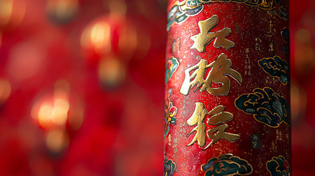 Chinese New Year Celebration Featuring Red Lanterns and Calligraphy Art Concept of Cultural Traditions, Festive Decor, Asian Heritage, and Holiday Spirit. Copy space.の写真素材