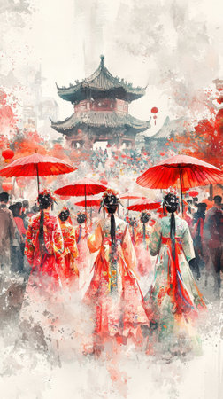 Vibrant Watercolor Art of Traditional Chinese Parade with Women in Cultural Attire and Red Umbrellas. Chinese New Year. Vertical.の写真素材