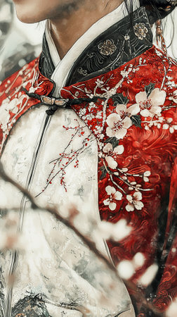 Chinese New Year Illustration of a Woman in Traditional Red Floral Attire. Concept of Cultural Celebration, Traditional Fashion, Festive Attire, and Heritage Art. Vertical.の写真素材
