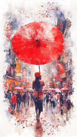 Chinese New Year Watercolor Art of a Performer Holding a Red Umbrella in a Vibrant Parade. Concept of Celebration, Cultural Tradition, Festive Atmosphere, and Artistic Expression. Vertical.の写真素材