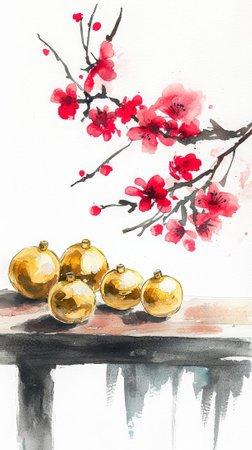 Watercolor Art of Elegant Chinese New Year Arrangement with Cherry Blossoms and Gold Spheres. Concept of Festive Decorations, Cultural Celebration, Oriental Beauty. Vertical.の写真素材