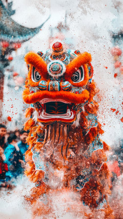 Vibrant Lion Dance Celebration at Chinese New Year Festival Art Concept of Tradition, Festivity,...