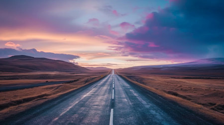 Vibrant Sunset Over a Deserted Highway with Dramatic Skies. Concept of Serene Evening, Wilderness...