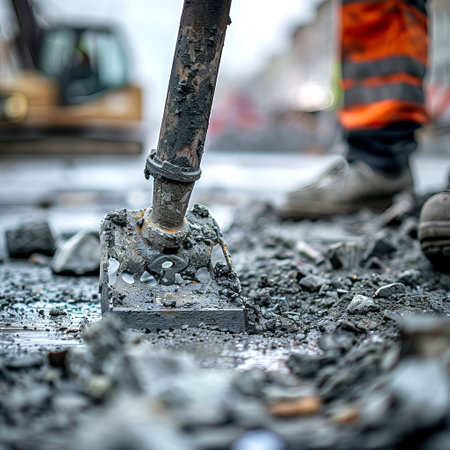 Close-Up of Jackhammer on Asphalt in Urban Setting. Concept of Construction, Industrial Work, Road Repair, Heavy Machinery, City Infrastructure.の写真素材