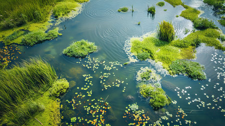 Aerial View of Lush Green Marshland with Vibrant Vegetation and Reflective Water Scene. Concept of Nature's Serenity, Wetland Ecosystem, Aquatic Plants, and Tranquil Landscapes.の写真素材