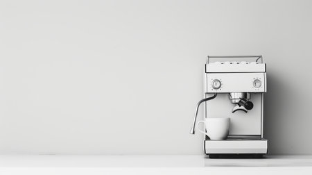 Minimalist white coffee machine with a cup on a bright neutral background. Concept of simplicity, modern kitchen appliances, coffee brewing, and minimalism. Copy space.の写真素材