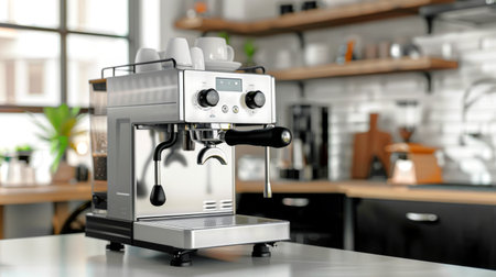 Modern Stainless Steel Coffee Machine in a Stylish Kitchen Setting. Concept of Home Barista, Contemporary Interior Design, Morning Coffee Rituals, and Brewing Perfection.の写真素材