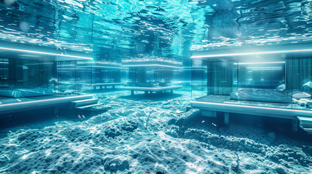 Modern Underwater Hotel Architecture Featuring Sleek Geometric Shapes and Luxurious Interiors Concept of Futuristic Travel Aquatic Innovation and Unique Accommodation.の写真素材